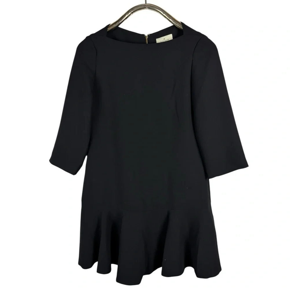 KATE SPADE BLACK 3/4 SLEEVE RUFFLE HEM CREPE FLOUNCE DRESS